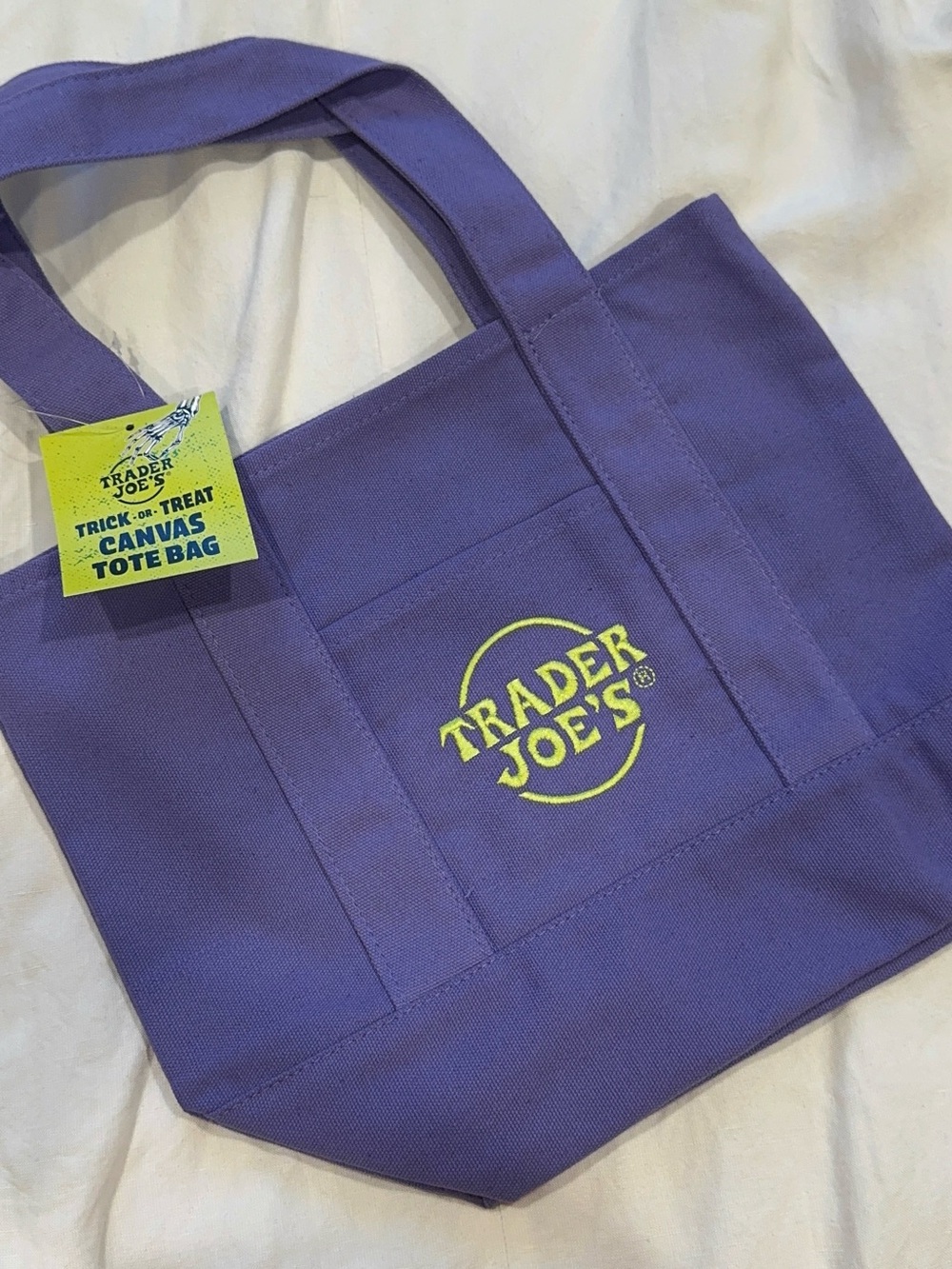 Trader Joe's Purple Canvas mini Tote Bag with Lime green Logo